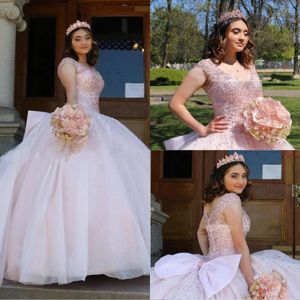 2022 Blush Pink Prom Quinceanera Dresses Short Cap Sleeves Beaded Crystal V-neck Ball Gown Tulle Party Graduation Sweet 16 Dress