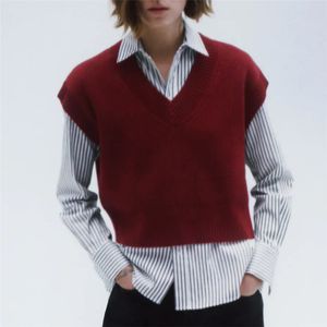 Blsqr casual vinho tinto vermelho colete sweater sexy v-pescoço sem mangas outono outono colete curto tops 210430