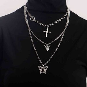 Silver Färg Hollow Butterfly Rose Cross Pendants Halsband för kvinnor 2021 Mode Smycken Skiktad Halsband Kvinna Enkel Ny G1206