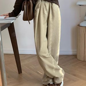 Calças de perna largura de corduroy - design de inverno do outono de mulher estilo coreano cintura alta calças retas moda casual streetwear capris