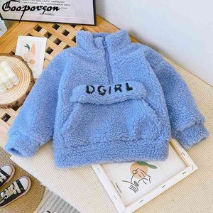 Winter Baby Girls Tops Lamb Hair Sweatshirt Cute Letter Embroidery Autumn Little Girl Costume Korean Fashion Outfits Coats 210508