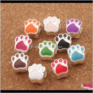 Alloy Loose Jewelryenamel Bear Paw Print Big Hole Beads 60Pcs/Lot 10Colors Sier Plated Bead Fit European Bracelets L1770 Drop Delivery 2021 5