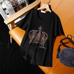 Verão rua lazer estilo t-shirt t-shirt fêmea coroa diamantes soltos redondos pescoço preto broca mulheres tops 210720