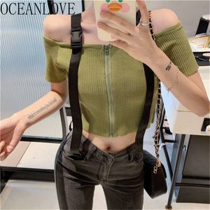 Solid Sexy T Shirt Women Off Shoulder Spring Summer Ins T-shirt Short Sleeve Knitted Ropa Mujer 14912 210415
