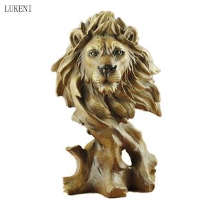 Faux Wood Lion Head Statue Animal Decorative Figurine Resin Art&Craft Home Decoration 210414