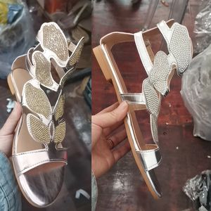 Woman Slippers rhinestone Slides sandals Women's Ladies Butterfly Shoes Flats Female Sexy Fashion Crystal Open Toe Ankle Zipper Size 35-43 06