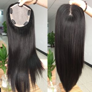 Topper de cabelo humano de base lisa de 5 x 6 polegadas, cor preta natural, clipe em pedaços, peruca para mulheres, 120% de densidade