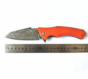 Coltello pieghevole Flipper arancione di alta qualità VG10 Lama in acciaio di Damasco Lamiera di acciaio + Maniglia G10 Coltello pieghevole per campeggio con cuscinetti a sfera per escursionismo all'aperto