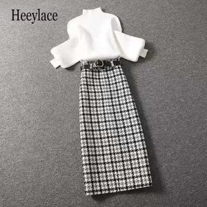 Elegant Women Autumn Winter Clothing Set Turtleneck Sweaters Tops And Tweed Plaid long Skirts Suit Office Ladies Two Pieces Sets Y1006