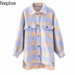 Neploe Frauen Mode Overshirts Übergroße Karierte Wolljacke Mantel Vintage Tasche Asymmetrische Weibliche Oberbekleidung Chic Tops 210423