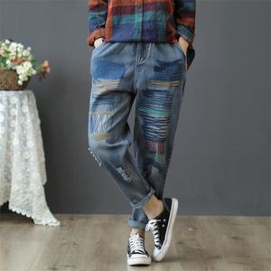 Herbst Kunst Stil Frauen Jeans Vintage Ripped Damen Elastische Taille Stickerei Lose Beiläufige Baumwolle Denim Hosen D429 210512