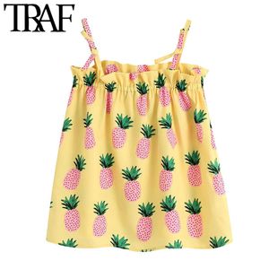 TRAF Женщины сладкие моды фруктовые принты Rauffled Blouses старинные рубашки без рукавов тонкие ремни женские рубашки шикарные вершины 210415