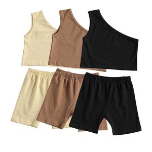 Kleidung Sets Baby Kinder Kinder Mädchen Kleidung Mode 2-teiliges Outfit Set Eine Schulter Vollfarbspitzen + Shorts für Mädchen