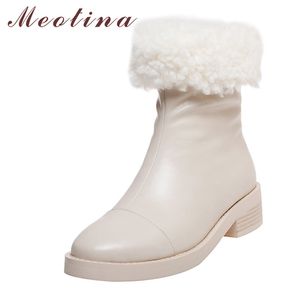 Stivaletti con tacco medio Donna Piattaforma da neve Scarpe robuste Zip Punta tonda Donna Corto inverno Beige Taglia 43 210517