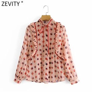 Kadın Tatlı Basın Pileli Yay Bağlı Şifon Gömlek Lady Polka Dot Baskı Çizgili Bluz Roupas Chic Ruffles Tops LS9039 210416