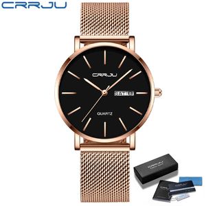 Women Stylish Watches CRRJU Fashion Japan Quartz Movement Auto Date Woman Wristwatch Ladies 36mm Mesh watch relogio feminino 210517