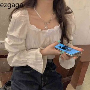 Ezgaga estilo francês mulheres blusa flare manga quadrado colar chique slim colheita tops sólido primavera all-match feminino camisas casuais 210430