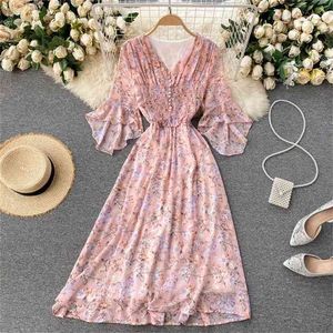 Nadmorskie wakacje damskie lato słodkie mody krótki flare rękaw v-neck smukła długość kwiatowy druk szyfonowa strój vestidos s320 210527