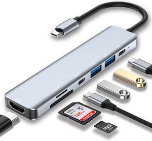 Adaptador USB C Hub 7 em 1 com HDMI 4K, 2 portas Type-C, leitor de cartão SD/TF, compatível com MacBook Pro Air Laptop com suporte para carregamento rápido de 100 W