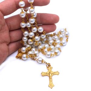 Perlas De Rosario al por mayor-Kimter religioso rosario corniquias colgante gargantilla mm perla de oro Jesús cruz collar de moda de manera joyería larga para mujeres DHL P224FA gratis
