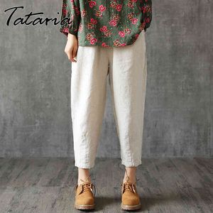 Tataria Cotton Linen Pants Women Loose Casual Harem for Ankle Length Wide Leg Female Elastic Waist Pant M-4XL 210514