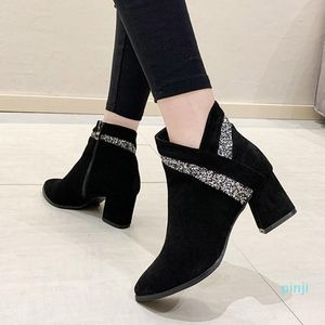 Boots High каблуки лодыжки 2021 зимняя мода Bling Booties Square Cartened Osted Toe платье обувь стекает ботас ретро Мухеер