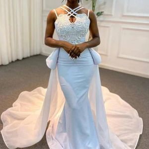 Underbara Overskirt Mermaid Wedding Dresses Spaghetti Strap Appliqued Bridal Gowns Pärlade Satin Plus Size Vestido de Novia 328 328