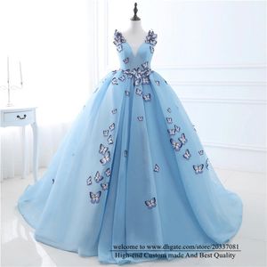Quinceanera Vestidos 2021 Light Blue Princess Butterfly Appliques V-Neck Party Prom Formal Tulle Lace Up Ball Vestidos de 15 Anos Q19