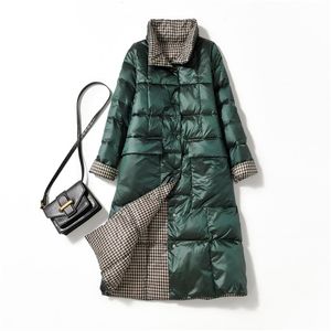 Women Double Sided Down Jacket Winter Vintage Plaid Stand Collar Single-breasted Long Coat Female Warm Ultra Light Parkas 210525