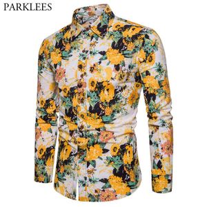 Autumn Floral Painting Men Dress Shirt Flower Printed Men Shirts Casual Slim Fit Social Mens Long Sleeve Camisas Para Hombre 210524