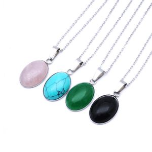 Pendant Necklaces Oval Dyed & Glass Natural Stone Necklace Stainless Steel Chain Druzy Opal Blue Pink Crystal Collar For Women Men Gift