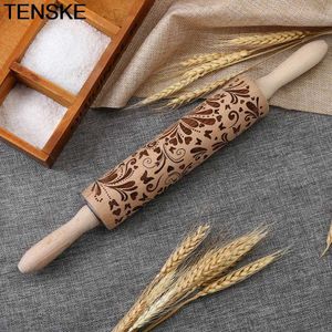 Tenske 38x5cm Jul Embossing Rolling Pin Frosty Mönster Träbakning Kakor Biscuit Verktyg Fondant Cake Graverad Roller SE 211008