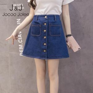 Jocoo Jolee Summer Denim Skirt Kvinnor Koreanska A-Line Jeans Skirt High Waist Knappfickor Harajuku Mini Skirt Hög kvalitet 210518