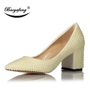 Dress Shoes BaoYaFang Ivory Pearl Womens Wedding Woman Block Heel Girls Performance Beads Party Sweet Med Pointed Toe