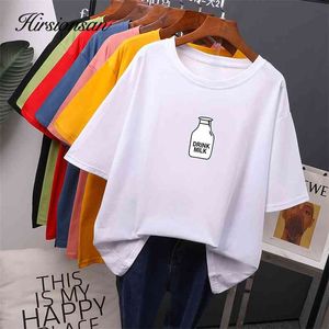 Hirsionsan 7 color Printed T Shirt Women Harajuku Korean Oversized 100% Cotton Summer Tees Ins Soft Female Tops 210623