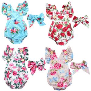 Floral Bebé Bodysuits Hairband Newborn Roupas Conjunto 2 Pcs Sem Mangas Rose Infant Numpsuit Backless Girlless Roupas Superfit Tops 210413