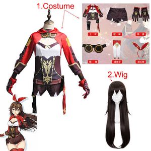 Halloween Women's Funny Show Genshin Impact Amber Cosplay Costume Inklusive glasögon Huvudkläderhandskar Socks Y0903