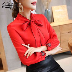 fashion women blouse long sleeve chiffon 's shirt bow office lady clothing red feminine tops 0726 30 210521