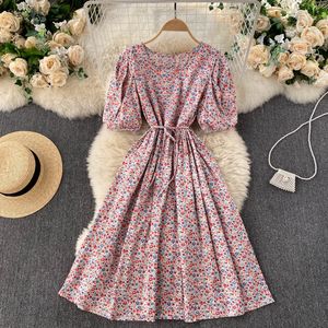 SINGREINY Women French Floral Dress Retro Puff Sleeve O Neck Belt A-line Dresses Summer Bohemian Casual Vacation Print Dress 210419