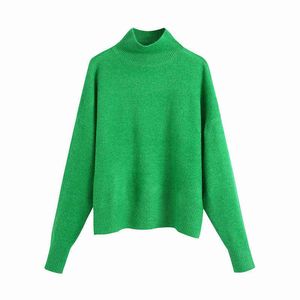 秋の女性のタートルネックの襟長袖緑の緩いセーター2021冬のZaのカジュアル弾性ニットプルオーバーシックなトップスY1110