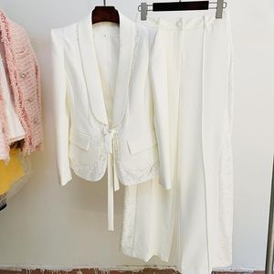 Frauen Zwei Stück Hosen Frühling Sommer Hohe Qualität Weiß Spitze Patchwork Blazer Jacken + Breite bein Tow Set c986