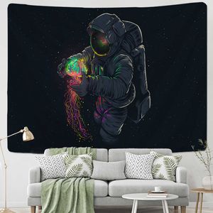 Arazzo da parete astronauta con sfondo nero Colore Medusa Cielo interstellare Arazzo da parete Hnaging Hippie Boho Dorm Decor 210609