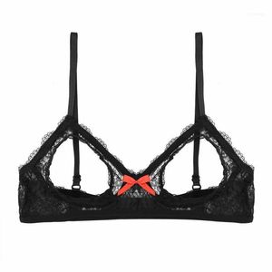 Bras TiaoBug Sexy Women Lingerie Black Floral Lace Open Cups Triangle Bralette Wire-free Unlined Cupless Erotic Bra Top Nightwear1