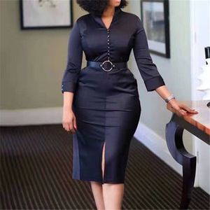 Afrikanska kvinnor klänningar Bodycon med midjebälte Bead Office Ladies Modest Classy Elegant Slim Höst Black Fashion Robe 210416