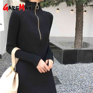 Vestidos pretos para mulheres manga comprida solta inverno turtelneck quente midi oversize outono 210428
