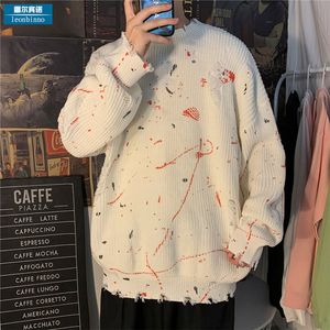 Graffiti Drukuj Swetry Mężczyźni Obrzeże Otwór Marka Marka Ciepły Sweter Męski Oversized Dorywczo Jesień Luźny Koreański Styl Pullover 210524