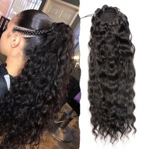 Young girl Drawstring ponytail human clip in hair extension water wave horsetail Brazilian With Afro 4 Combs Remy Natural Wavy Pony tail 160g