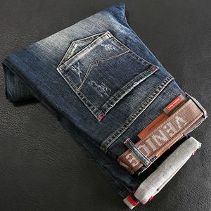 Italian Style Fashion Men Jeans High Quality Retro Blue Elastic Slim Ripped Vintage Designer Casual Plain Denim Pants