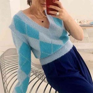 Vintage Fofo Argyle Pullovers Mulheres Mulheres Desgaste Azul Malha Camisola Vest Fuzzy Casual V Neck Sweater Jumpers Inverno 210415
