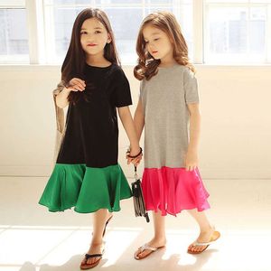 2021 Yaz Moda Kız Elbise Pamuk Renk Blok Çocuk Elbise Rahat Gevşek Çocuk Parti Frocks Yaş 3 4 6 8 10 12 14 16 Yıl Q0716